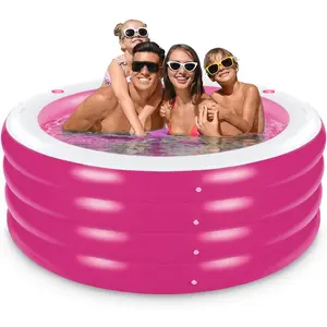 Inflatable Pool with Seating, Four-Tier 72” x 27” Inflatable Swimming Pool with Drink Holder Handles, Summer Family Water Park, Backyard Family Pool, Garden (Pink)