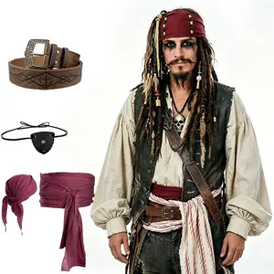 4pcs Medieval Pirate Cosplay Prop Set, Headscarf + Belt + Eye Mask + Vintage PU Belt, Halloween Costume, Party Performance, Theme Events