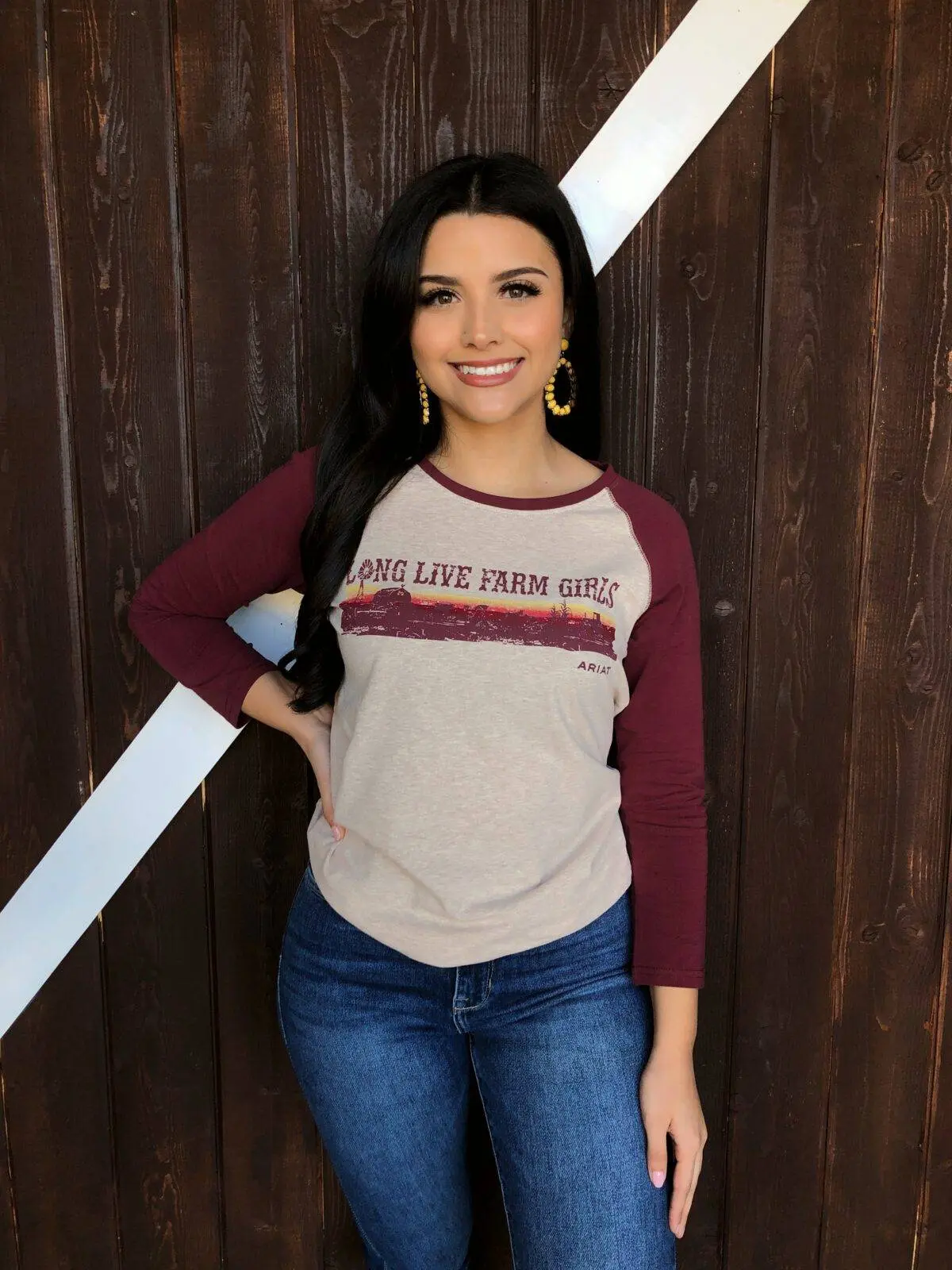 ARIAT – REAL Long Live Baseball Tee - Oatmeal Heather / Zinfandel