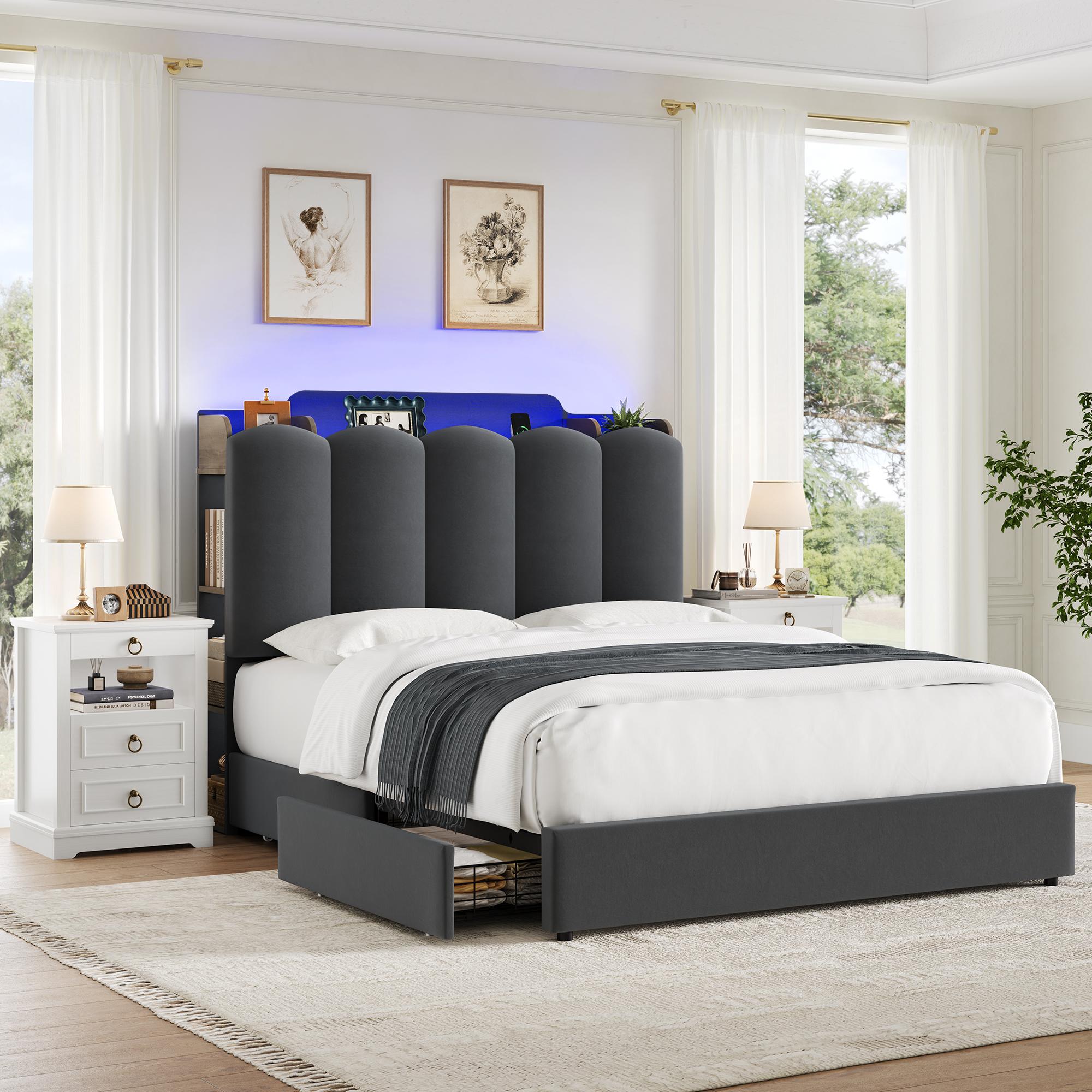 HOSTACK Upholstered Platform Bed Frame (Full Size, No Mattress/Box Spring Needed) - Modern Bedroom & Apartment Furniture with Storage Headboard, LED Lights, Charging Station, Drawers, Shelves, USB & Type-C Outlets, Modern Bedroom Furniture, Platform Bed D
