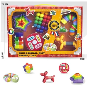 Fidget Educational Toy Set With Rainbow Circle Spiral Toy/ Color Ball 3D Puzzle Matching Game/ Magic Cube/Flexible Caterpillar