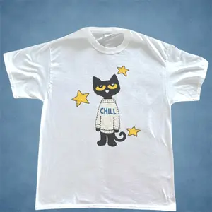 Super Chill Cat Tee, Black Cat In A Cozy Sweater That Says “Chill” Little Yellow Stars Around It, Unisex Vintage Graphic Tees Gothic Grunge Y2K Emo Scene Amity Affliction Style Clothes Men Women Streetwear