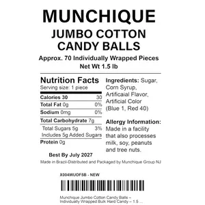 Munchique Jumbo Cotton Candy Balls \u2013 Individually Wrapped Bulk Hard Candy \u2013 1.5 lb Bag (Approx. 70 Pieces) \u2013 Pink & Blue Carnival Candy for Parties & Stocking Stuffers