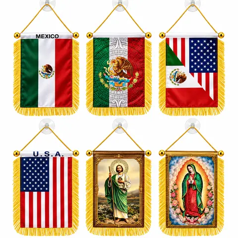 4x6 in Fringed Mini Hanging Banner with Suction Cup, Mexican Flag, Religious Icon, US & US-Mexico Themed Rearview Mirror Flag, Car Interior Ornament, Sublimation Printing, Cultural Pride Decor, Festive Party Gift for Pickup Truck SUV