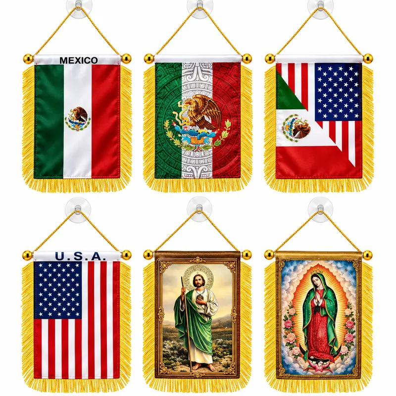 4x6 in Fringed Mini Hanging Banner with Suction Cup, Mexican Flag, Religious Icon, US & US-Mexico Themed Rearview Mirror Flag, Car Interior Ornament, Sublimation Printing, Cultural Pride Decor, Festive Party Gift for Pickup Truck SUV
