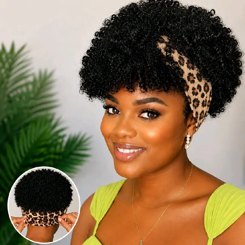 Women's 6-Inch Short Leopard Print Kinky Coil Headband Wig, Adjustable Band, Natural-Looking Curly Synthetic Wig