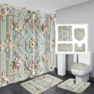 French Luxury Floral Embossed Shower Curtain Set with 12 Hooks, No-Drill Bathroom Divider, Modern Home Decor Gift
