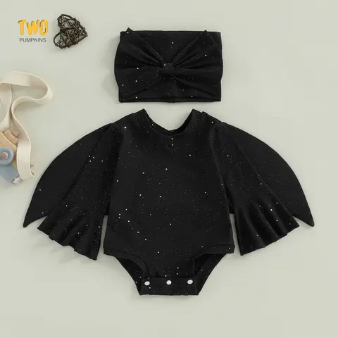 Toddler Baby Girl Halloween Bat Costumes Glitter Batwing Long Sleeve Romper With Bow Headband 2 Piece Outfit