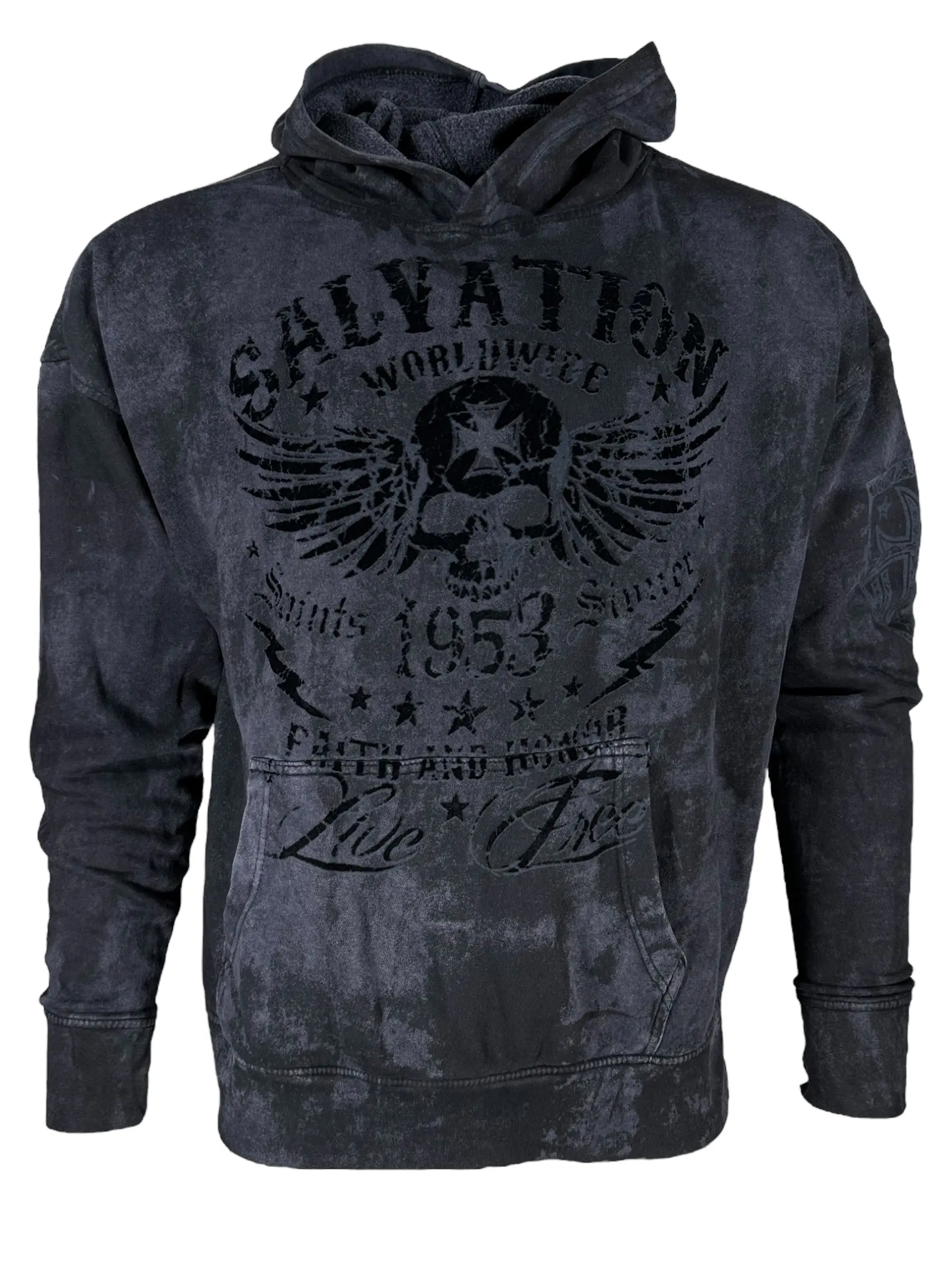 Archaic By Affliction Unisex Oversized Boxy Graphic Printed 2000s Aesthetic Cotton Lightweight Crew Neck Pullover Hoodie, Men's Tops & Sweatshirts, Black Tide, All Season, Cotton Blend
