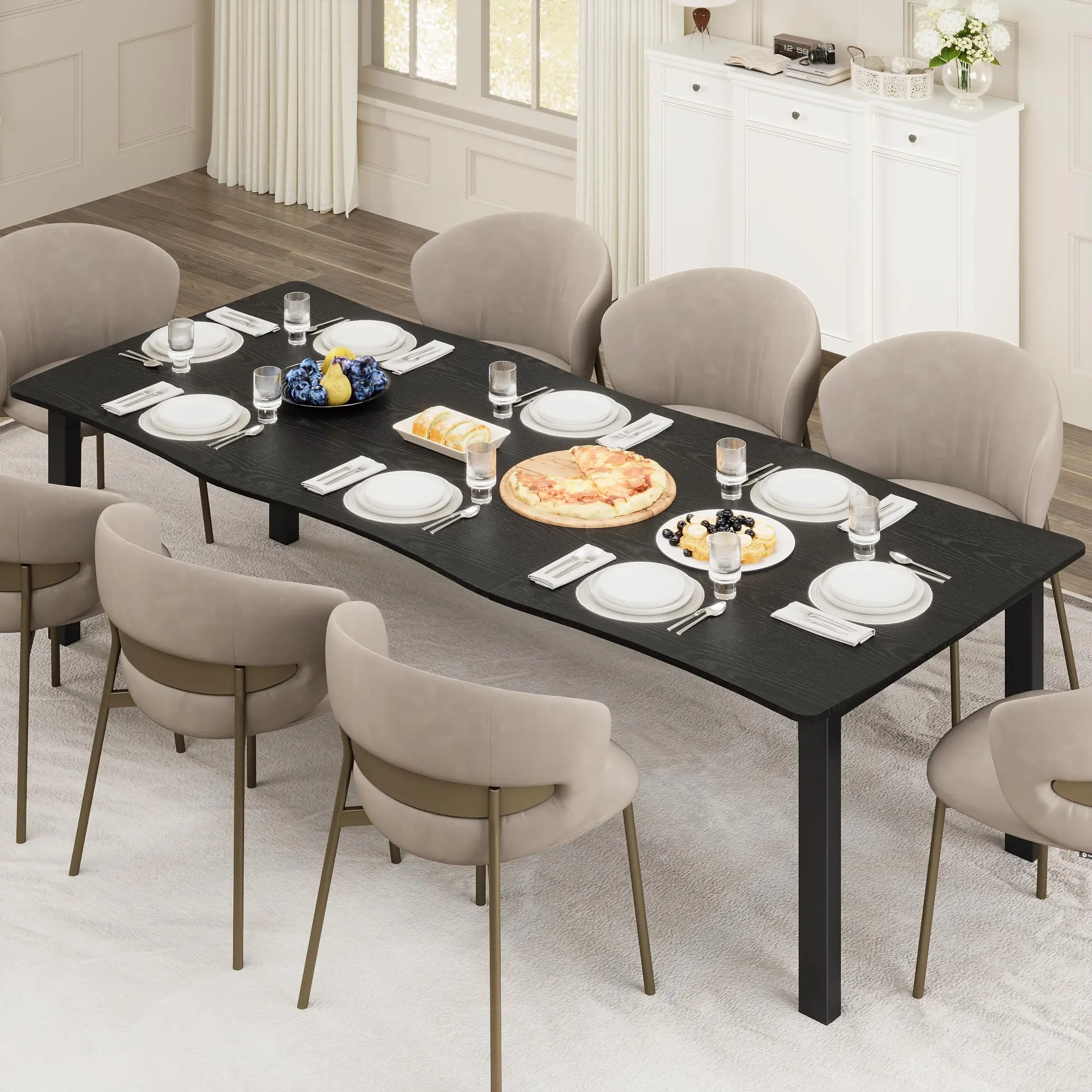 GAOMON Rectangle Dining Table - 78.7" Minimalist Wave Edge Thick MDF Board Top, Metal Frame with Leg Braces, Waterproof, Scratch-Resistant Black Modern Furniture for 6-8 People, Versatile as Study Desk/Work Surface