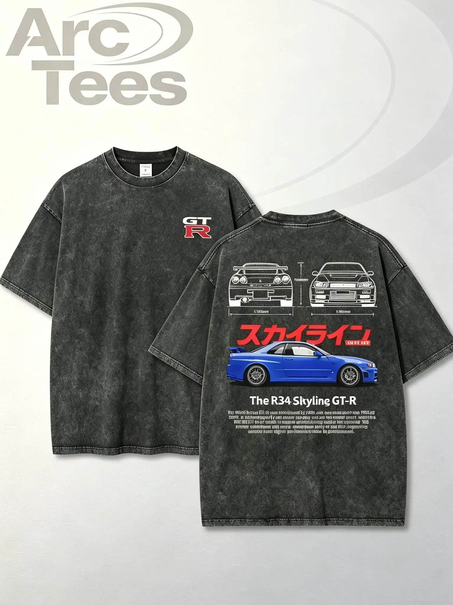 [ArcT]  Unisex Vintage R34 Skyline GT-R Blueprint Streetwear T-Shirt - Cotton Short-Sleeve Washed Oversized Casual Retro JDM Racing Tee, Gift For Car Enthusiasts, Shortsleeve, Graphic, Fabric, Menswear, Tshirt, Round Neck