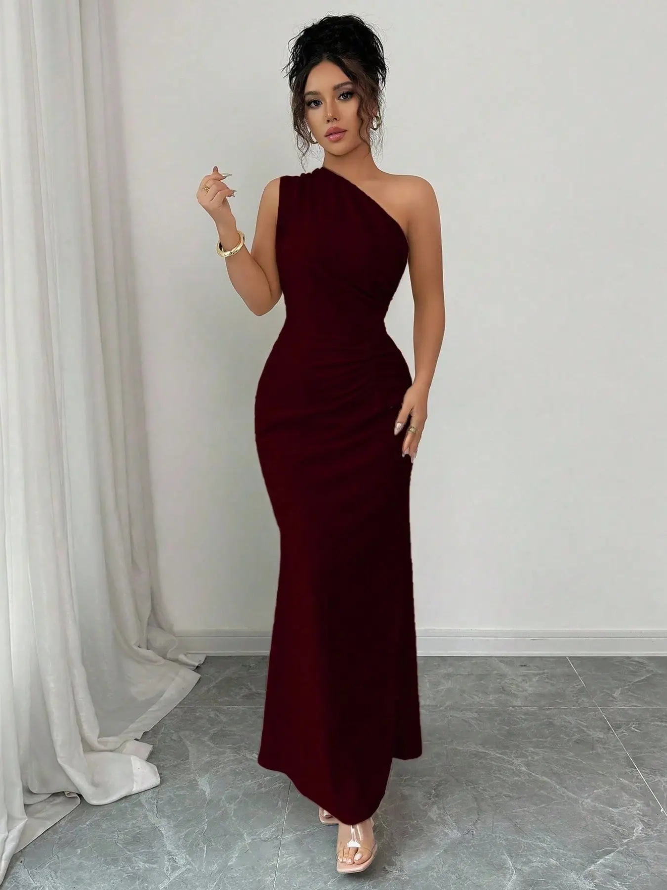 burgundy one shoulder maxi dress BABARONI One Shoulder Long Sequins Gown Burgundy, Burgundy / US0 main image 0