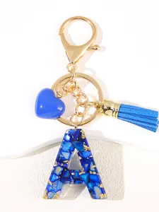 Initial Letter Keychain, Blue Heart Fringe Keychain, Cute Resin, Backpack Charms, Keychain For Bags, Key Chain for Women, Girls, Elegant Style