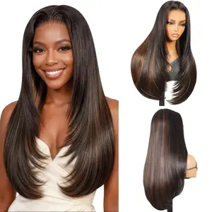 Teslal Hair Highlight Straight Layered Wig 220% Density Glueless 6x6 TPart Lace Front Pre Cut Pre Plucked Beginner Friendly Natural Hairline for Black Women Heat Resistant Premium Fiber #SummerVibes