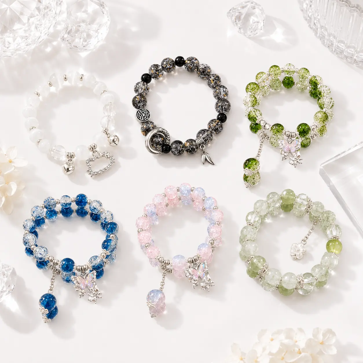 Women's Crackle Bead Charm Stretch Bracelet - Y2K Costume Jewelry with Butterfly, Flower, Cat Heart or Vintage Charms, 6-Style Complete Set Available