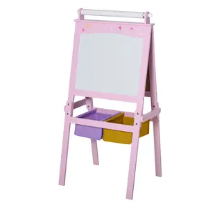Kids 3-in-1 Wooden Art Easel for Office Planning Boards, Double-Sided Chalkboard & Whiteboard, with Paper Roll, Storage Baskets, Pink