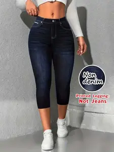 Women's Sport Yoga Leggings, Fake Jeans Capri Beach Pants, Elastic Jean Print Tight Fit, Printed Legging Not Denim Fabric