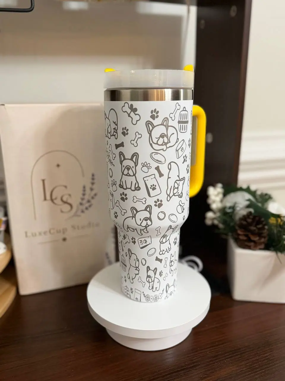 French Bulldog 40oz Tumbler with Handle | White & Yellow Stainless Steel Insulated Travel Mug | Cute Frenchie Dog Lover Gift