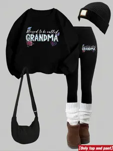 Women's 2-Piece Sweatshirt Set, Crandma Letter Print, Round Neck Long Sleeve, Bottoms Pants, Casual Fall Winter