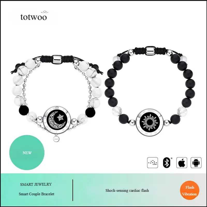 Totwoo Sun and Moon Couple Sensor Beaded Bracelet, Remote Interactive Flashing Vibration Long Distance Relationship Valentine's Day Birthday Gift for Girlfriend, Couple Interactive Bracelet
