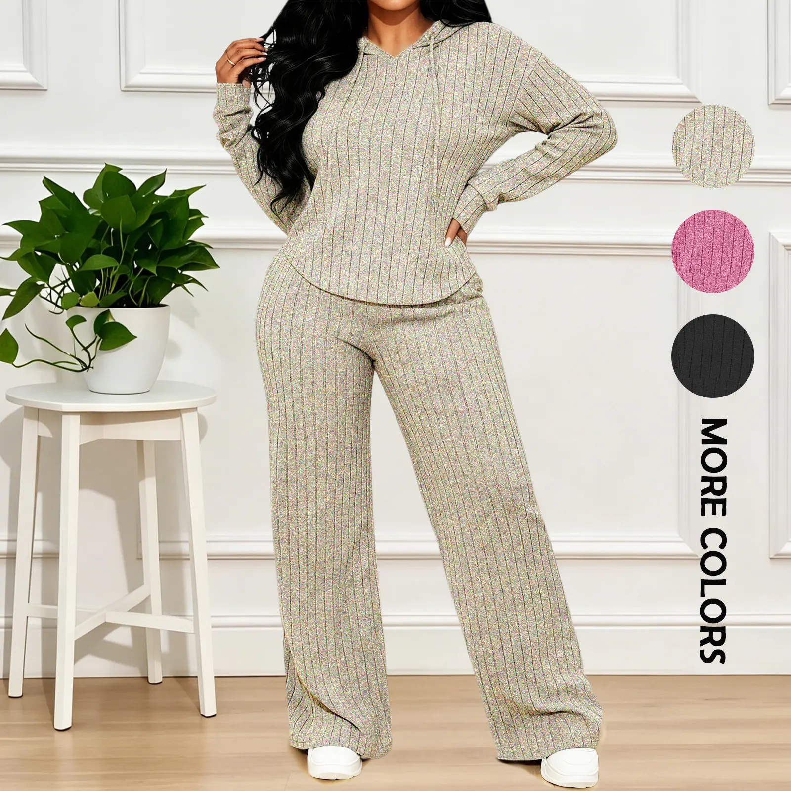 Women's 2-Piece Loungewear Set - Vertical Ribbed Knit Hoodie/Jumper & Wide-Leg Pants, Soft Stretch Fabric, Drawstring Hood, Coordinated Casual Outfit for Everyday Wear & Tasks, Easy to Pair with Shoes, Hand Wash Only, Check Care Instructions Lounge Outfit