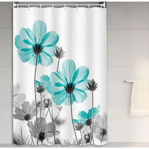 Teal Gray Daisy Shower Curtain 72x72 Inch, Floral Wildflower Farmhouse Bathroom Curtain with Hooks, Elegant Flower Shower Curtain for Camper RV Bath Decor