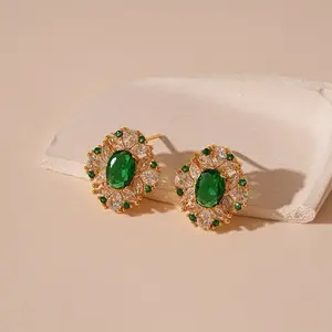 Sparkle Oval Shaped Crystal Rhinestone Emerald Stud Earrings Danity Gold Plated Big Oval Halo Stud Earrrings Fashion Jewelry for Women Party Prom (Green)