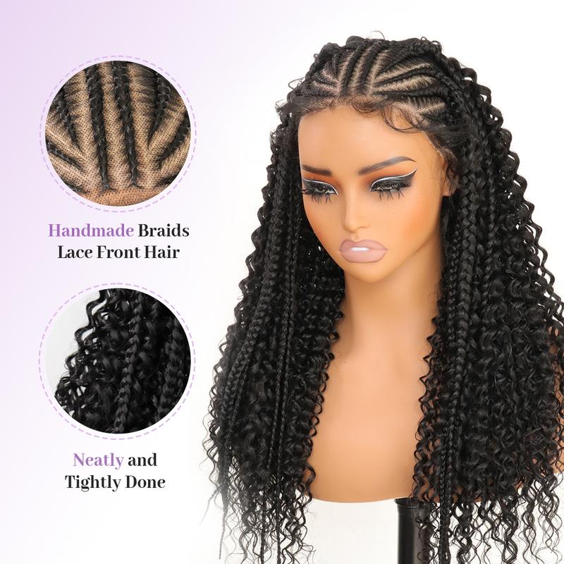 13X6 HD Lace Frontal Half Braided Curly Wigs Synthetic Half-Cornrows Half-Curly Wig with Baby Hair Pre Styled Braid Wigs,18Inch