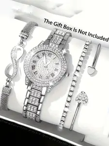 Women's Elegant Watch & Jewelry Set, Fashionable Round Dial Analog Quartz Wristwatch & Bracelet, Exquisite Watches Set with Jewelry As Gift, 4 Piece Gift Set For Valentine's, Easter, Ramadan