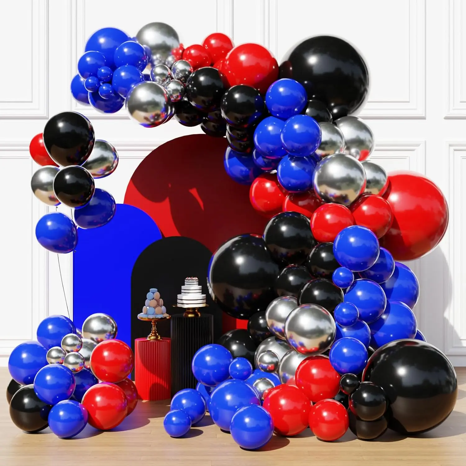 124pcs Strong Latex Multi-Size Shiny Metallic Red, Blue & Silver Balloon Arch Garland Set with Black Confetti Balloons for Boys' Birthday, Baby Shower Decor (Blue & Silver, 124pcs)