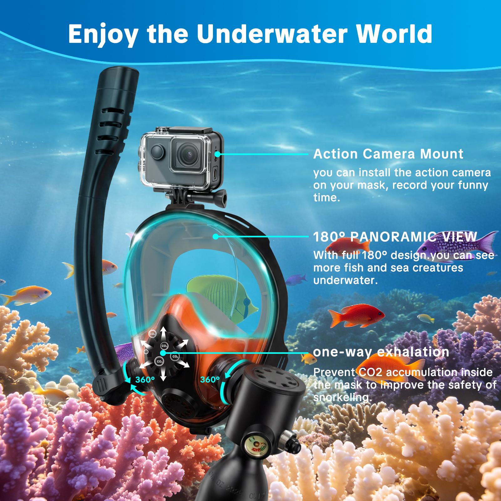 SEESE Mini Scuba Tank (No Inflatable Device) with Snorkel Mask 0.5L Portable Small Diving Tank with Full Face Diving Mask Reusable DOT Certified Pony Bottle Diving Cylinder Kit
