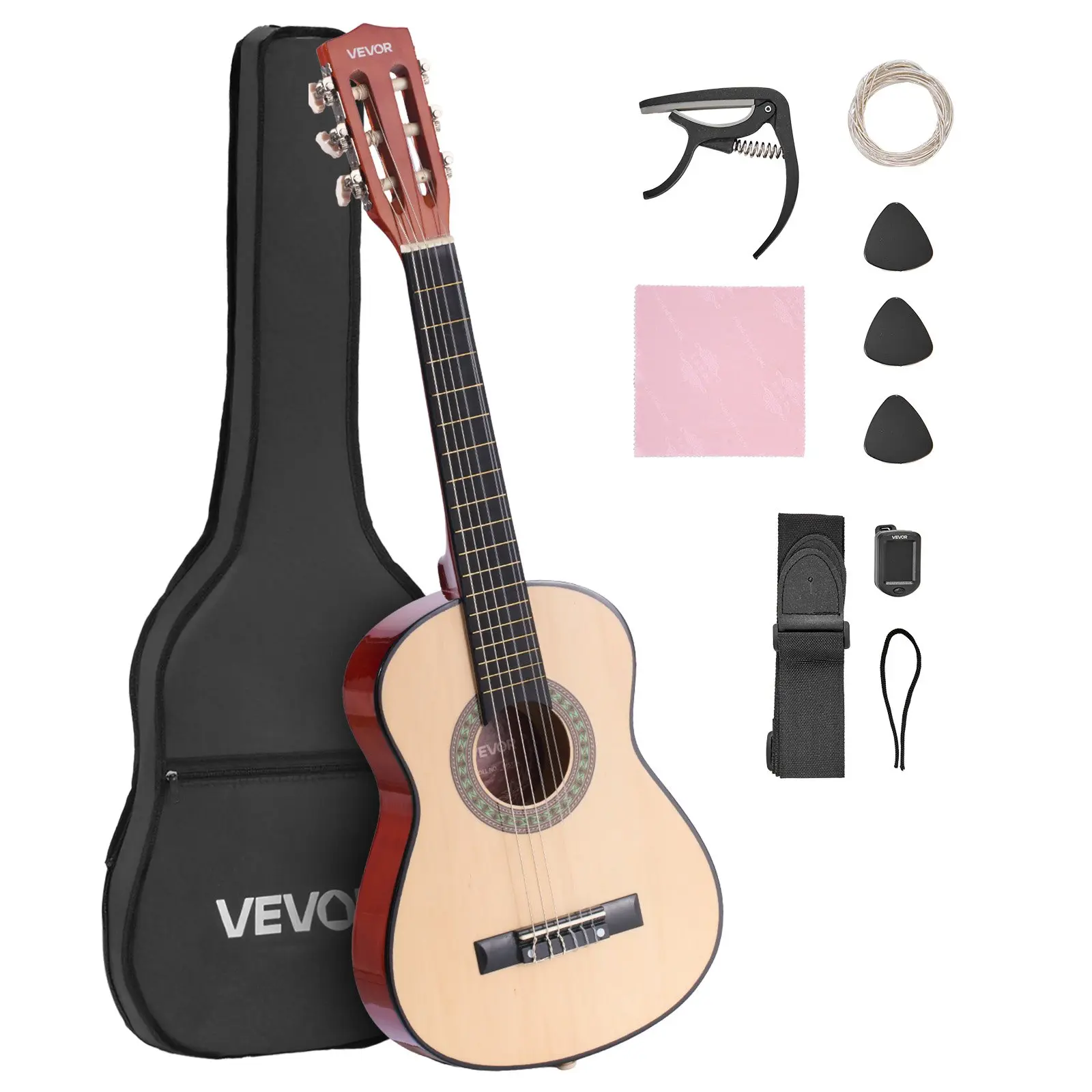 VEVOR 30-Inch Wood Classical Guitar Starter Kit for Beginners, Nylon Strings, Gig Bag, Strap, Tuner, Extra Strings, Picks, Capo, Basswood Wooden Body, Round Soundhole, for Kids Girls Students, Natural