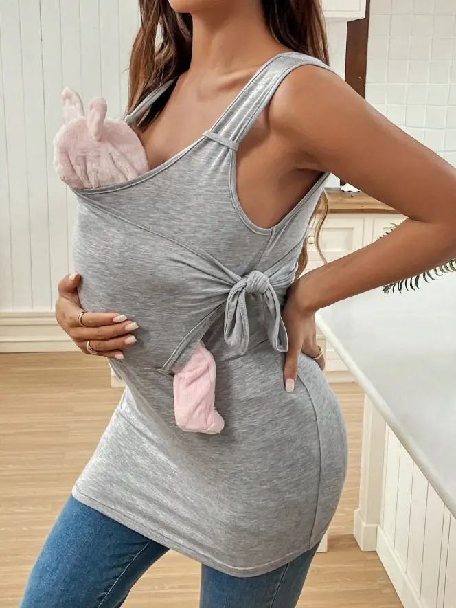 ROSY x Wrap-Style Fitted Nursing Tank Top For Pregnant Women T Shirt Short Sleeve Soft Stretch Breathable Casual Top with Large Front Pouch Comfortable Lightweight Casual Attire