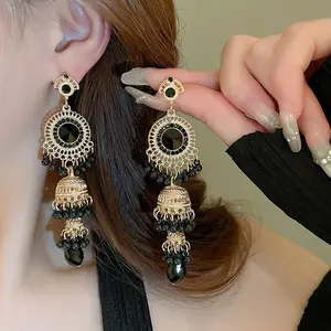 Steel Needle Black Tassel Ethnic Luxury Gold Color Jhumka Earrings Vintage Long Dangle Earrings