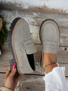 Women's Spring Fall Loafers Casual Textile Upper Rubber Sole Thick Bottom Vintage Style Shoes, Comfortable Round Toe Design Walking Shoes, Slip On Shoes