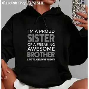Unisex Hoodie with Funny Vintage ‘I’m a Proud Sister, Awesome Brother’ Round Neck Print