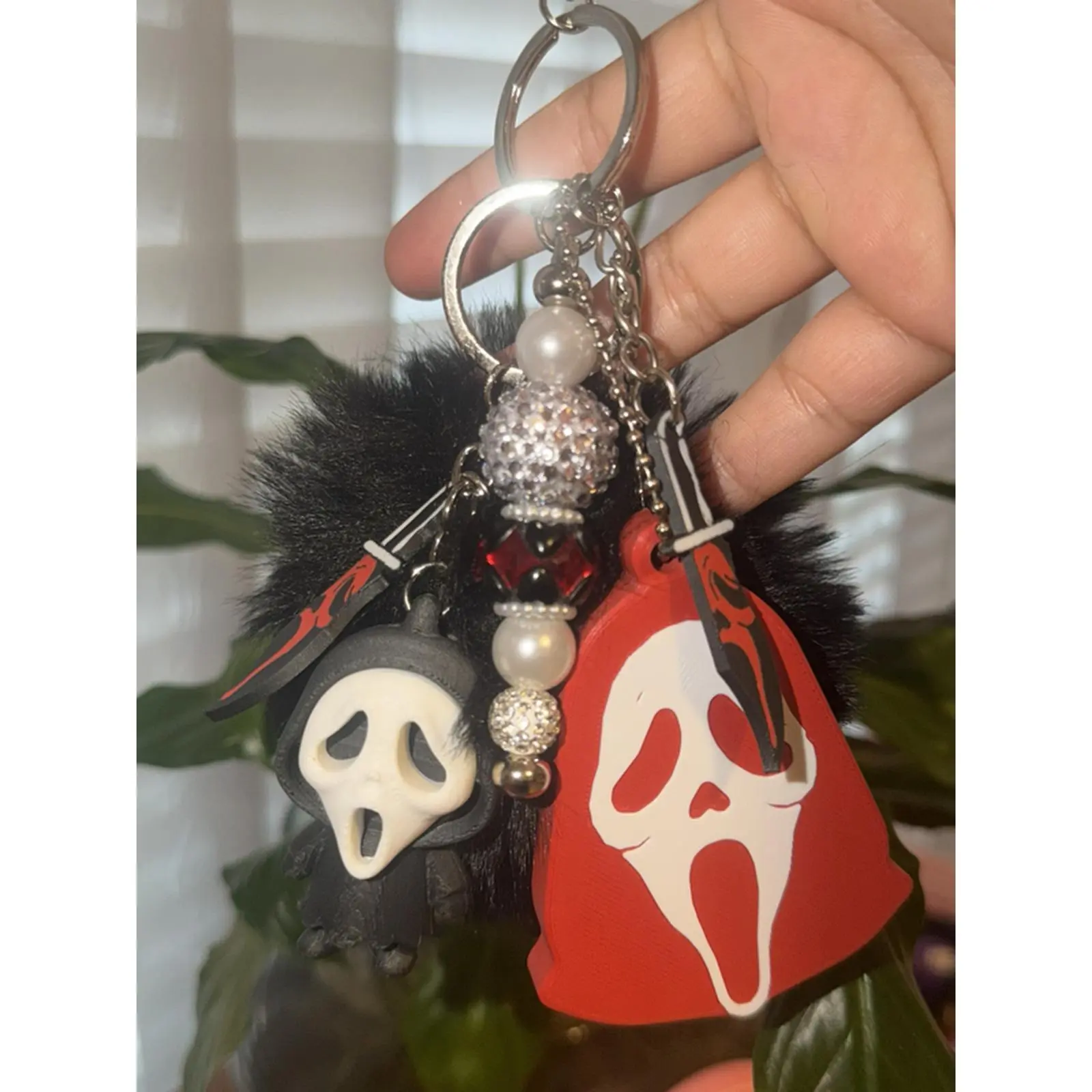 Ultimate Ghostface Horror Fan Keychain Red Ghost Can Opener Bling Beads 3D Charm Handmade Collectible