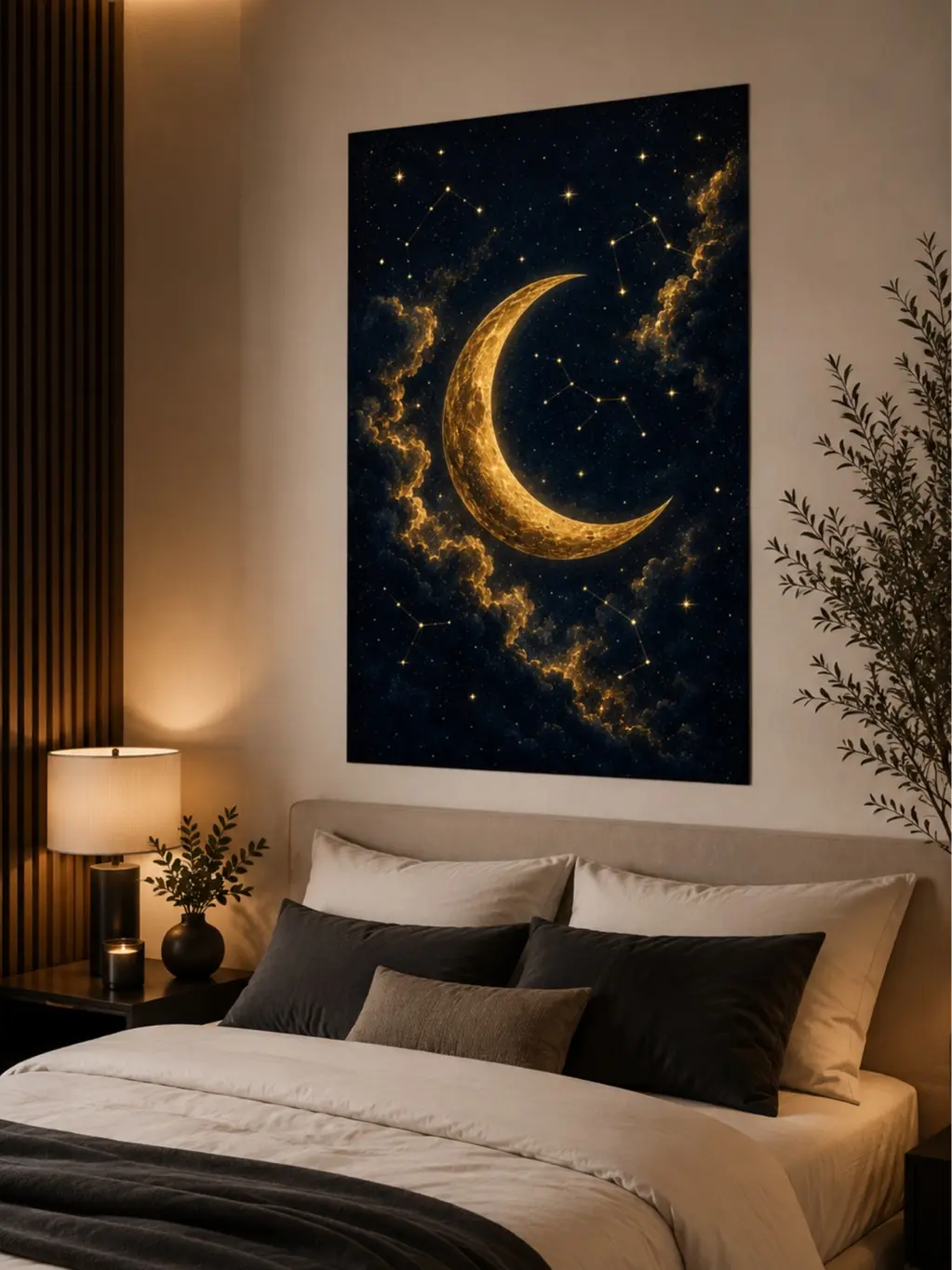 Luminous Metallic Golden Crescent Moon Satin Print Poster, Celestial Constellation Wall Decor for Bedroom Home Decor