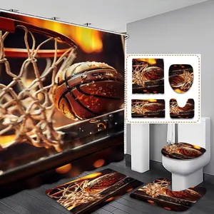 Creative Basketball Dunk Theme Shower Curtain Set, Waterproof Bathroom Decor with 12 Hooks, Bath Mat, U-Shaped Toilet Pad, Christmas Gift, Bathroom Decoration Accessories