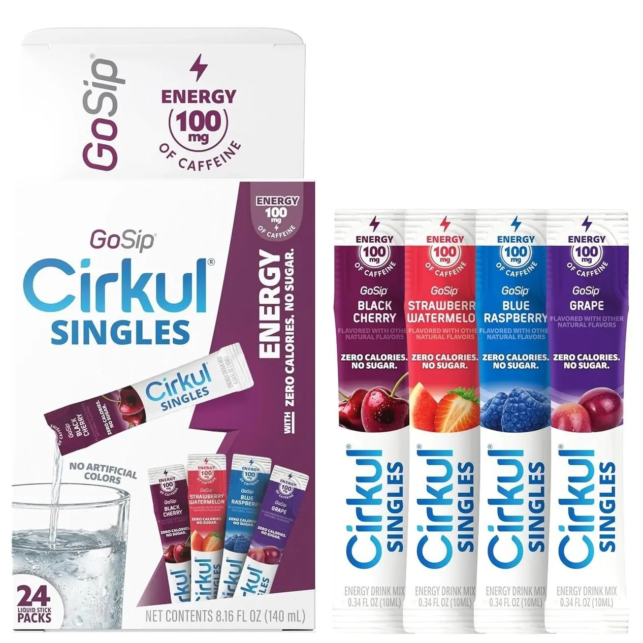 Cirkul GoSip® Energy Drink Mix Clear Liquid Packets (24-Pack) - Blue Raspberry, Black Cherry, Strawberry Watermelon, Grape. No Sugar, Zero Calorie Caffeinated Water Flavoring, No Artificial Colors