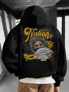Men's Plus Size Hoodie with Graphic Print, Wide Shoulder Design, Drawstring Casual Style, Comfortable Fashion for Daily Wear