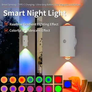 Christmas Home Decor Rechargeable Magnetic LED Motion Sensor Wall Night Light, Type-C Charging RGB Gradient Dimmable Ambient Lamp, Adjustable Angle Stick-On Installation, Long Standby Auto On/Off for Entryway, Bedroom, Closet, Kitchen, Stairs