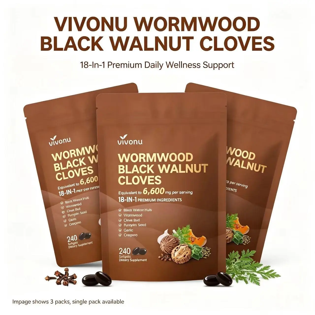 【3 pack】VivoNu Wormwood Black Walnut Cloves Capsules - 240 Count 6600mg Daily Supplement for Metabolism & Energy Boost - 80 Day Supply - Natural Ingredients for Vitality & Wellness