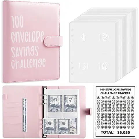 100 Envelopes Saving Challenge - A5 Money Saver Budget Binder Book with Cash Envelopes and Numbers, 100-Days of Easy and Funny Ways to Save $5,050 Cash Envelope Challenge Binder, Pink
