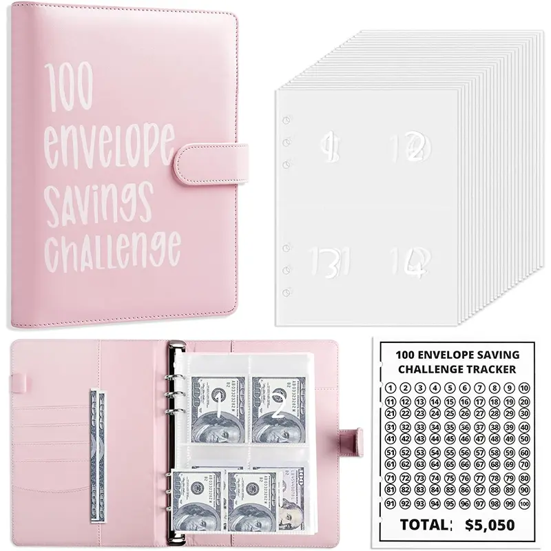 100 Envelopes Saving Challenge - A5 Money Saver Budget Binder Book with Cash Envelopes and Numbers, 100-Days of Easy and Funny Ways to Save $5,050 Cash Envelope Challenge Binder, Pink