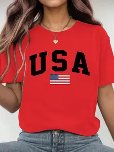 Women's USA Flag & Athletic Letter Print Round Neck Sports Tee, Casual Short Sleeve Crew Neck T-Shirt for Daily Outdoor Wear, Ladies Sportswear for All Seasons, Top