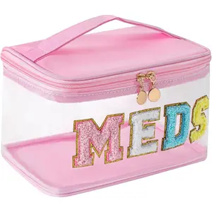 LOVE HOME Preppy Look Chenille Letter Thick Nylon Transparent Makeup Bag - Large Travel Toiletry Bag with Metal Zipper, Large Opening, Top Handle, for Travel Meds Organization (02 Blush Pink)