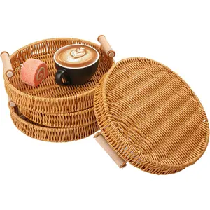 4 Pack 9.7 inch Round Rattan Tray, Round Woven Serving Basket with Handles, Rattan Serving Trays for Home, Restaurant & Hotel Use, & Easy-