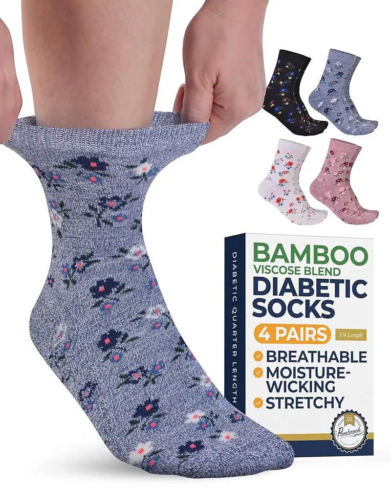 Pembrook Women's Diabetic Socks, 4 Pairs Floral Viscose Bamboo Ankle Socks for Day Wear, Non-Binding with Smooth Toe for Neuropathy Relief, Fashion
