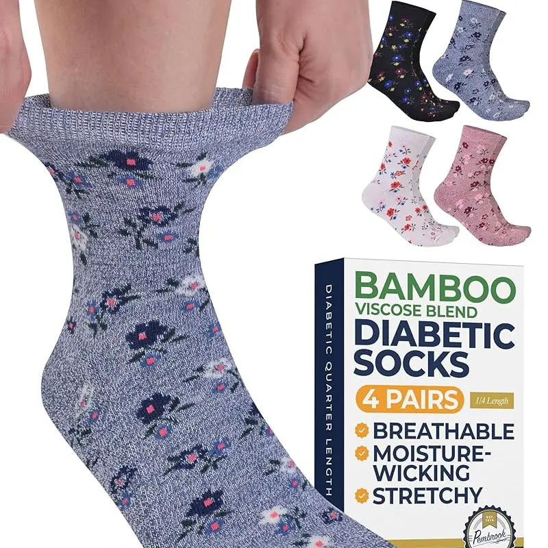 Pembrook Women's Diabetic Bamboo Viscose Assorted Mixed Ankle Socks - 4 Pairs, Non-Binding Stretchy Tops, Smooth Toes, Neuropathy Relief, Irritation-Free All-Season Day Wear, Large Fit for Good Blood Flow